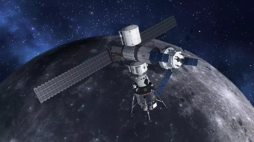Лунный модуль, прикрепленный к станции Lunar Orbital Platform-Gateway NASA